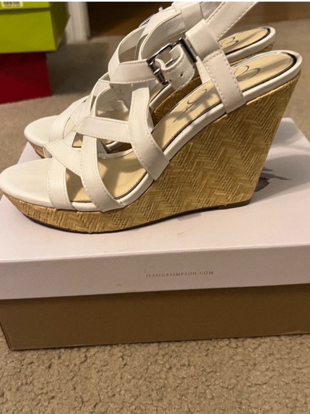 Jessica Simpson White Strappy Wedge Sandals with Natural Weave Platform size 7.5